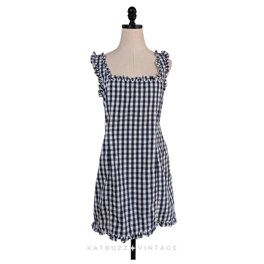 J Crew Gingham Mini Dress 6 Blue White Preppy Ruffle Cottage Picnic Summer Girly